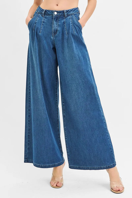 RISEN Mid Rise Fit Wide Leg Knit Denim Look Jeans MEDIUM