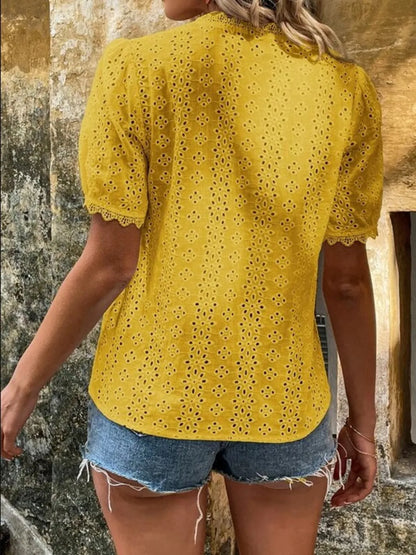 Full Size Lace Detail Eyelet V-Neck Short Sleeve Blouse Plus Size