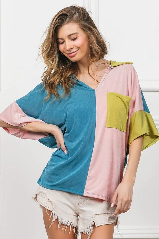 BiBi Slinky Knit Color Block V Neck Front Top N.GREEN FUCHSIA TURQ