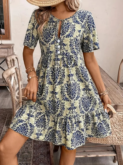 Printed Tie Neck Short Sleeve Dress Beige