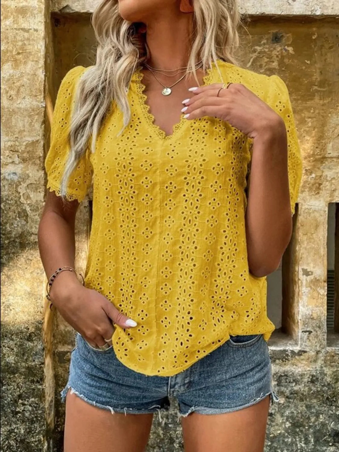 Full Size Lace Detail Eyelet V-Neck Short Sleeve Blouse Plus Size