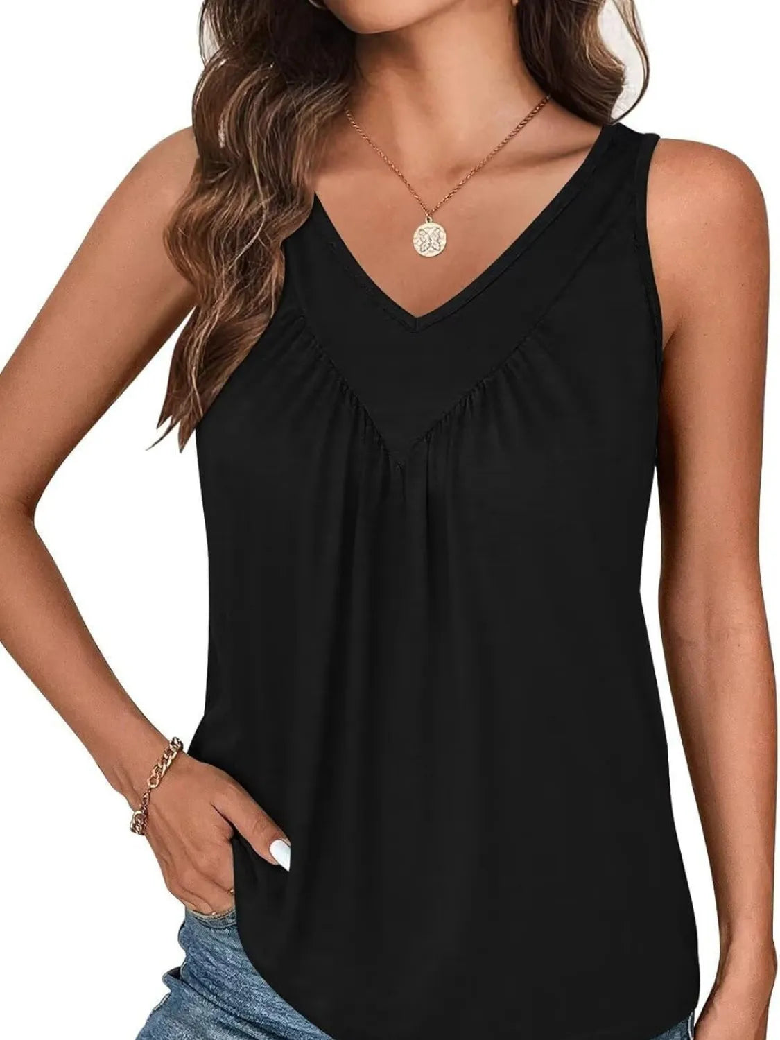 Ruched V-Neck Tank Black