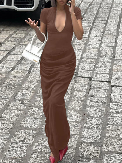 Side Slit Short Sleeve Maxi Dress Brown