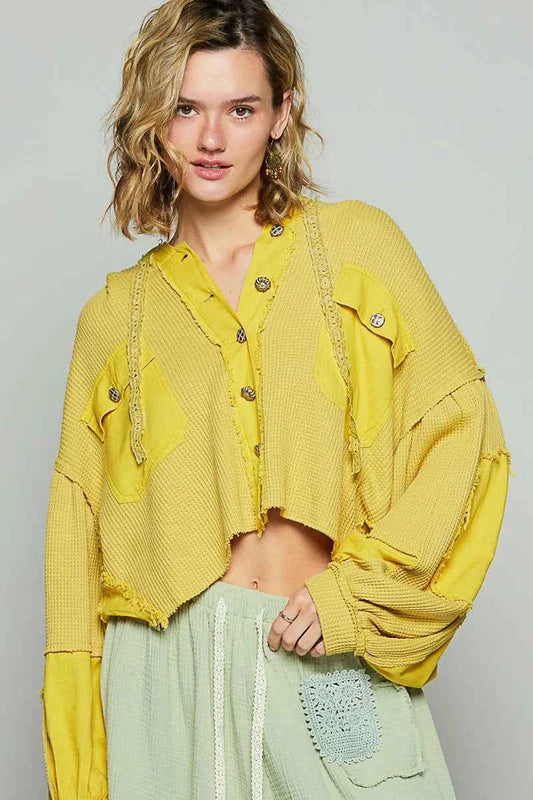 POL Raw Hem Cropped Hooded Jacket Yellow