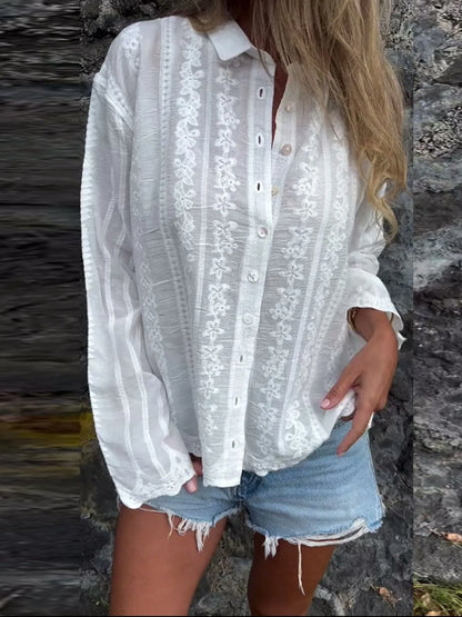 Floral Embroidered Button Down Shirt White One Size