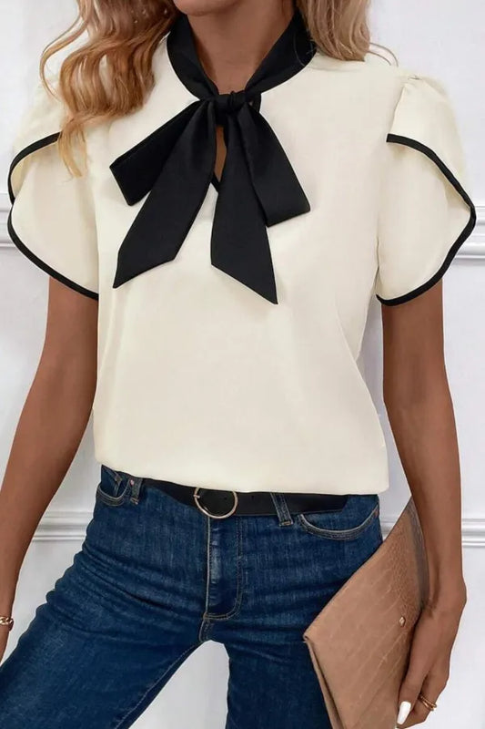 Bow Tie Contrast Short Sleeve Blouse Beige