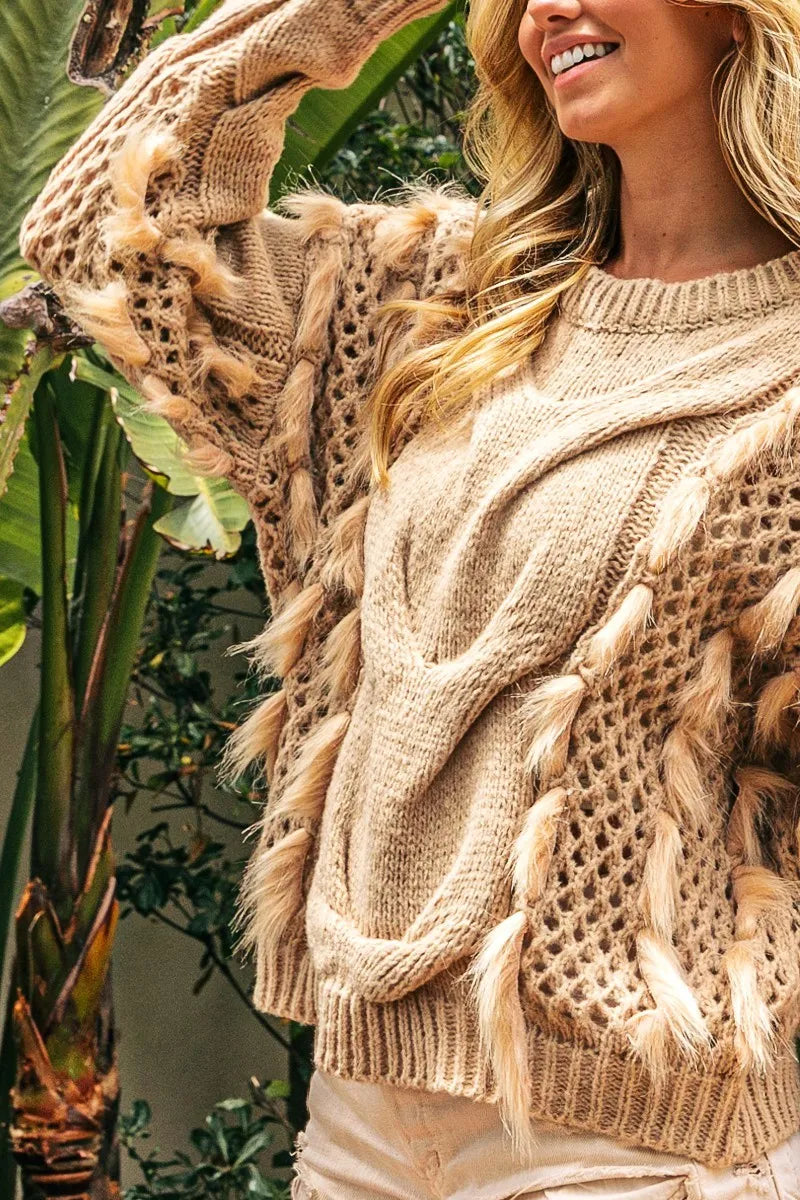 BiBi Faux Fur Detailed Pointelle Cable Knit Sweater