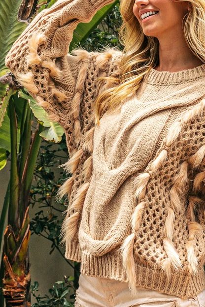 BiBi Faux Fur Detailed Pointelle Cable Knit Sweater