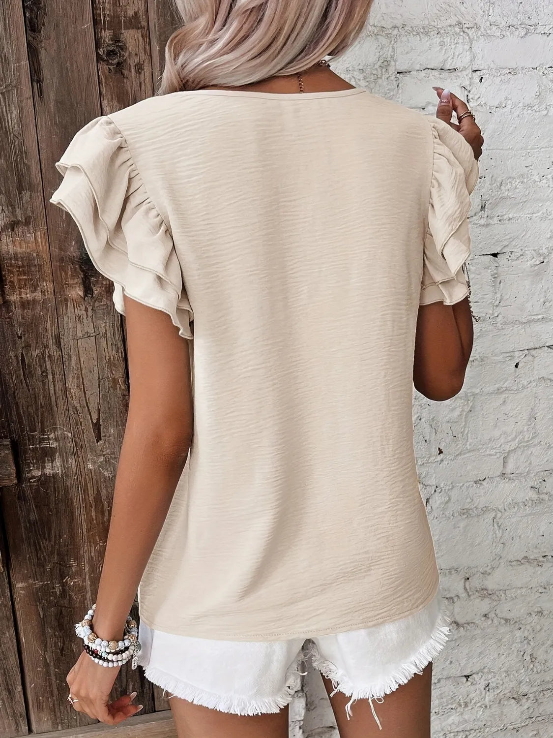 Ruffled Round Neck Cap Sleeve Blouse