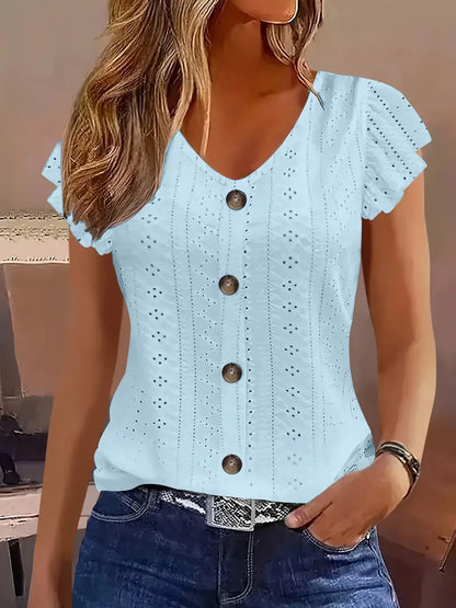 Eyelet Button-Front Flutter Sleeve Top Sky Blue