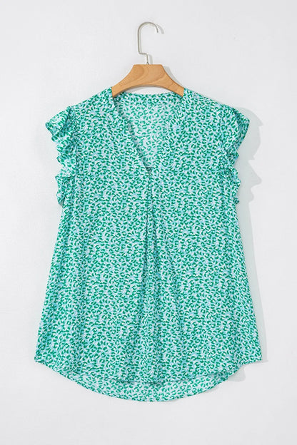 Notched Leopard Ruffle Short Sleeve Blouse