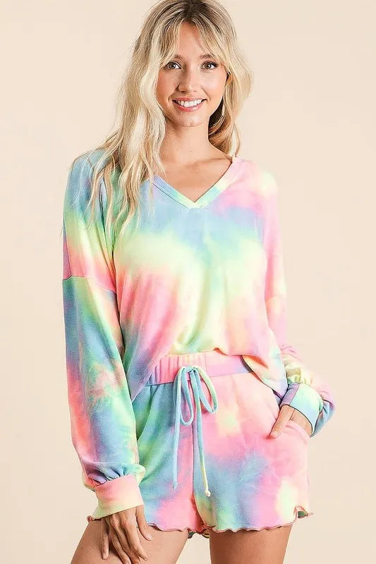 BiBi Tie Dye French Terry Top and Shorts Set PASTEL TIEDYE