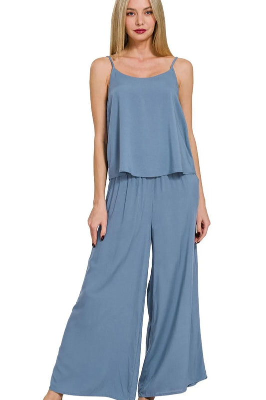 Zenana Woven Cami & Pants Set DUSTY BLUE