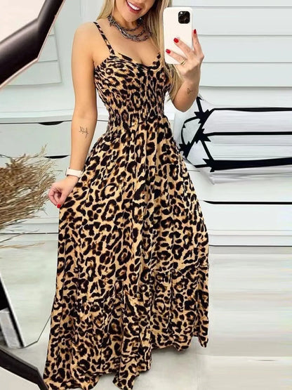 Full Size Leopard Print Spaghetti Strap Maxi Dress Plus Size Tan