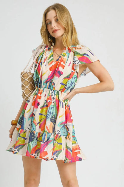 Umgee Printed Tie Neck Ruffled Hem Dress Orange