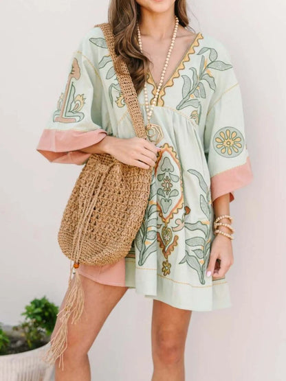 Printed V-Neck Kimono Sleeve Mini Dress Sage
