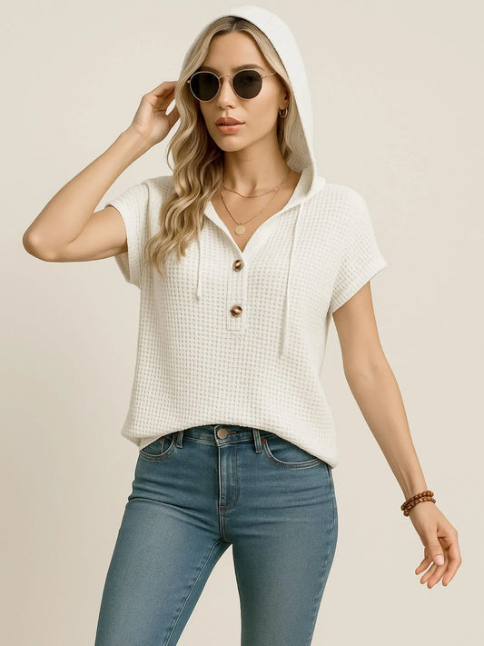 Drawstring Waffle Knit Short Sleeve Hoodie White