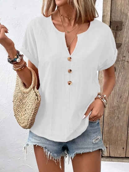 Full Size Notched Short Sleeve Top Plus Size