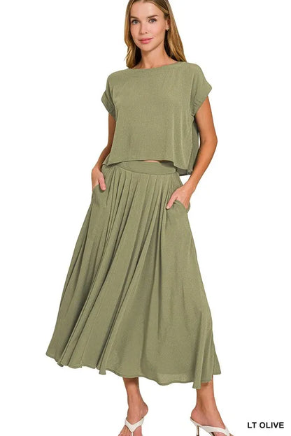 Zenana Woven Crinkle Gauze Crop Tee and Skirt Set LT OLIVE