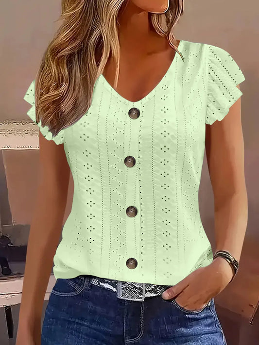 Eyelet Button-Front Flutter Sleeve Top Neon Green