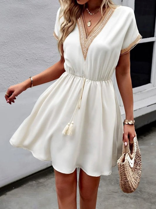 V-Neck Short Sleeve Mini Dress White