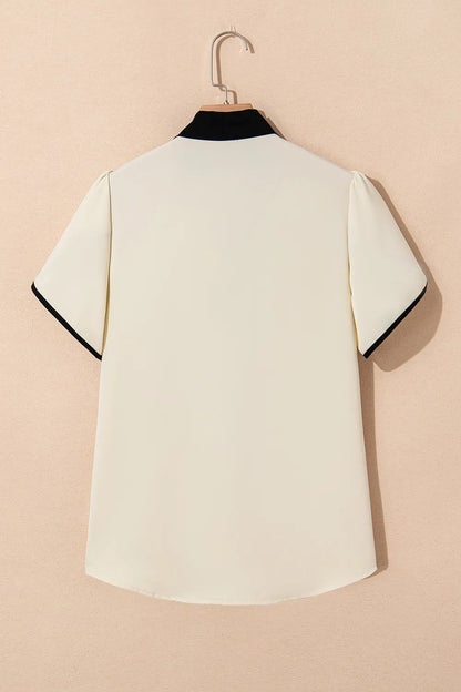 Bow Tie Contrast Short Sleeve Blouse