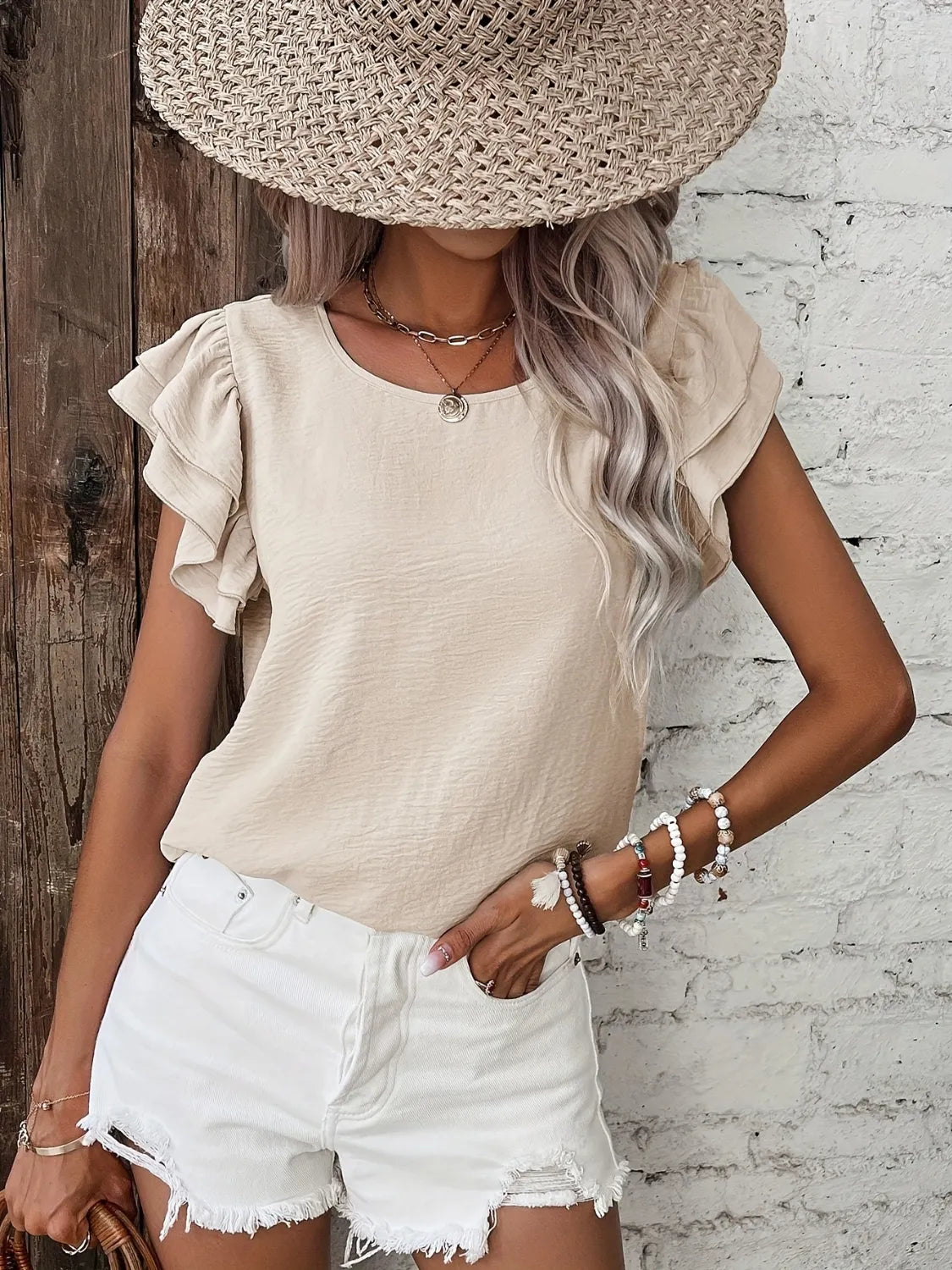 Ruffled Round Neck Cap Sleeve Blouse