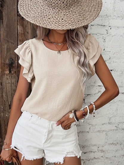 Ruffled Round Neck Cap Sleeve Blouse