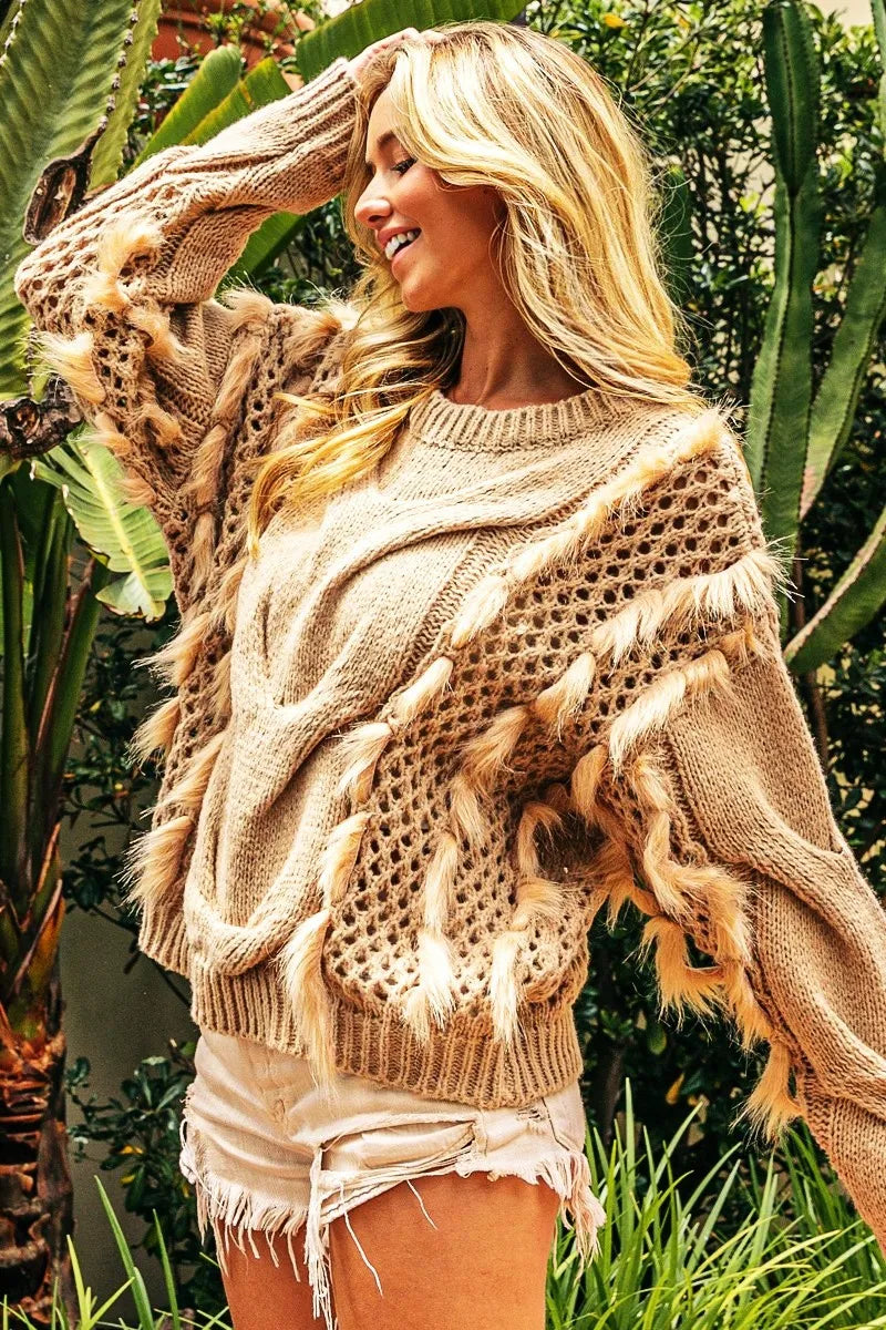 BiBi Faux Fur Detailed Pointelle Cable Knit Sweater