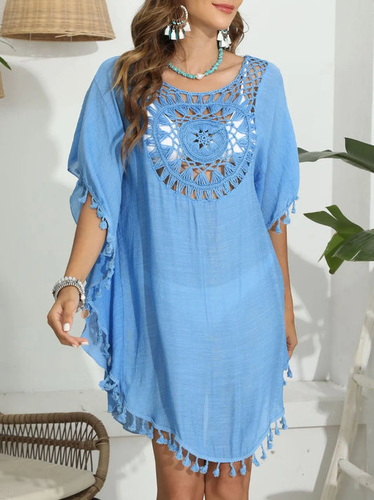 Tassel Crochet Round Neck Cover-Up Sky Blue One Size