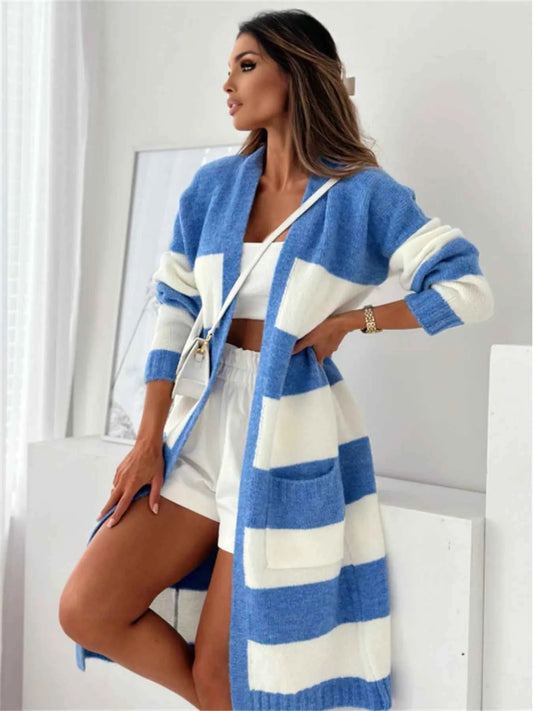 Color Block Open Front Cardigan Blue