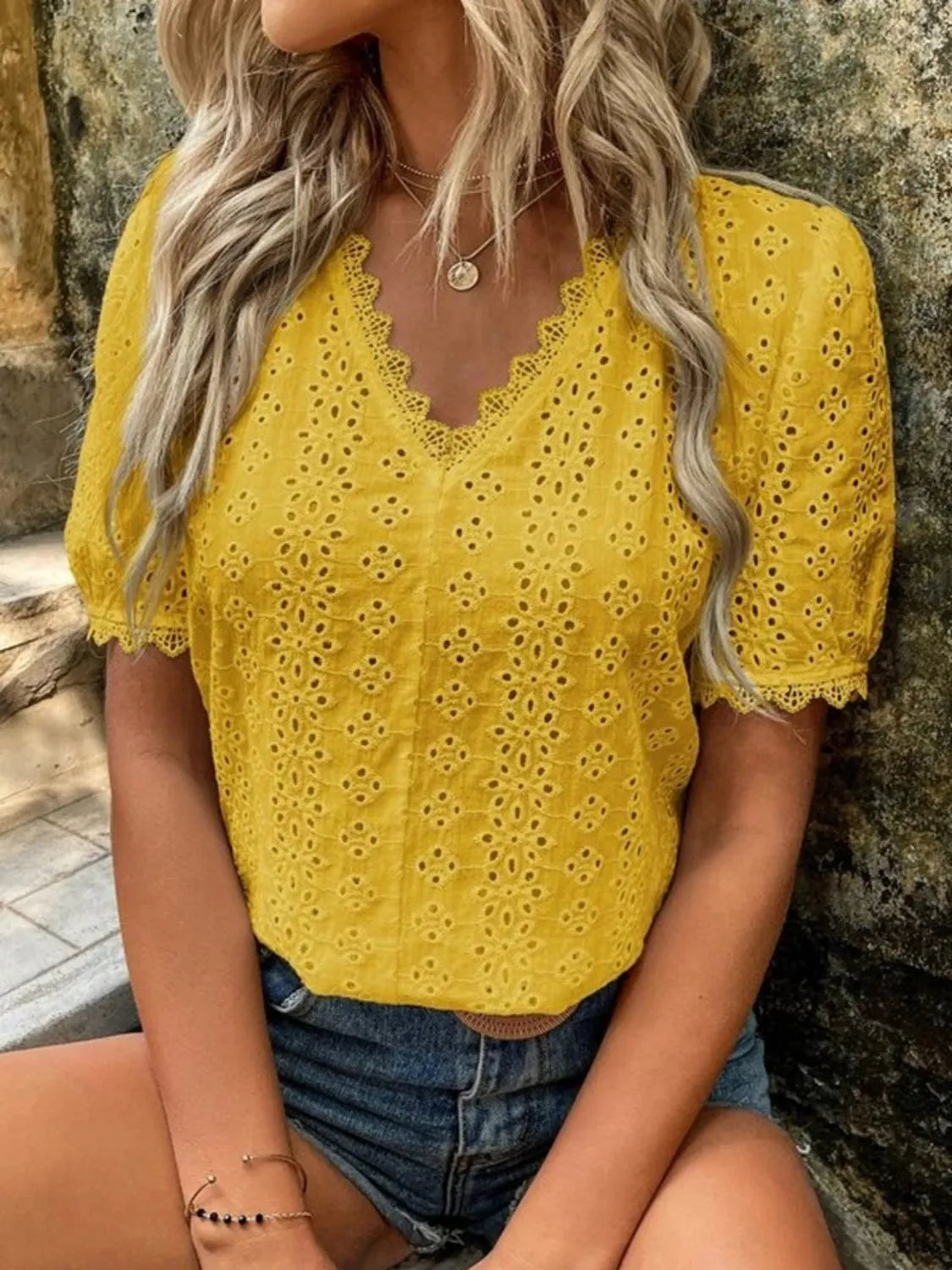 Full Size Lace Detail Eyelet V-Neck Short Sleeve Blouse Plus Size