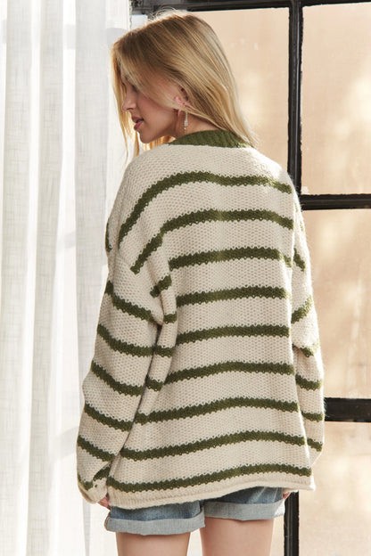 ADORA Horizontally Striped Button Up Cardigan