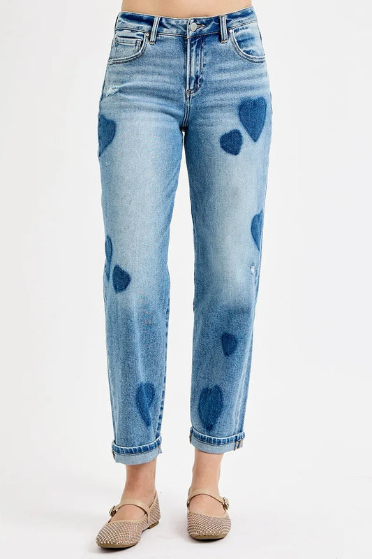 RISEN Full Size Mid Rise Fit-boyfriend Heart Shade Jeans Plus Size LIGHT