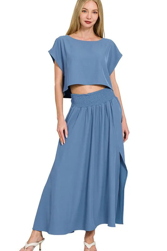 Zenana Heavy Woven Span Crop Tee & Skirt Set DUSTY BLUE