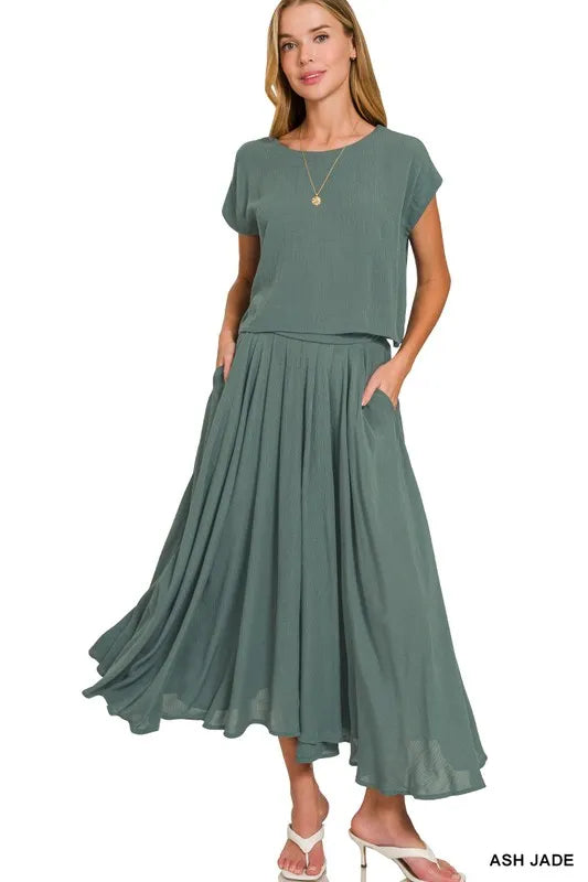 Zenana Woven Crinkle Gauze Crop Tee and Skirt Set ASH JADE