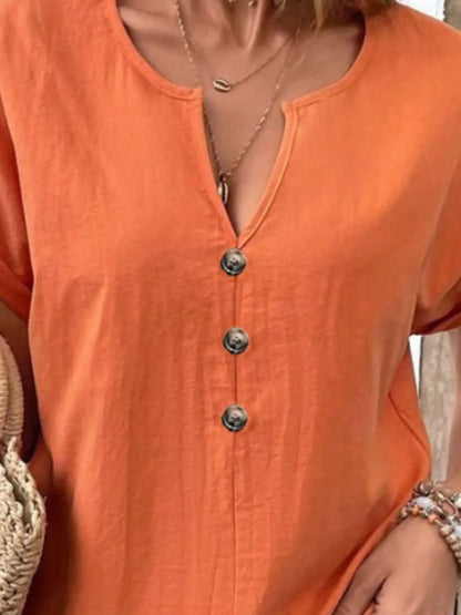 Full Size Notched Short Sleeve Top Plus Size