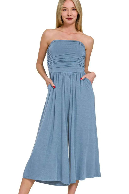 Zenana Double Layered Strapless Tube Top Jumpsuit DUSTY BLUE