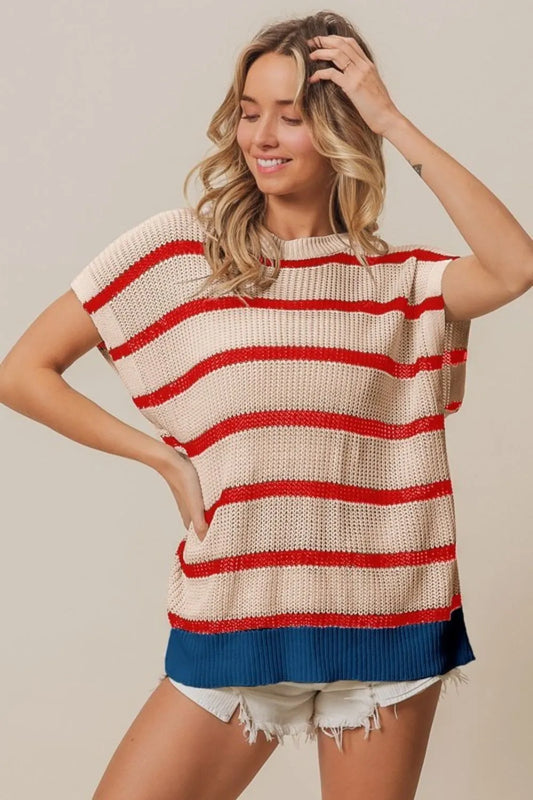 BiBi Fourth Of July Stripe Drop Shoulder Sweater OATMEAL RED NAVY