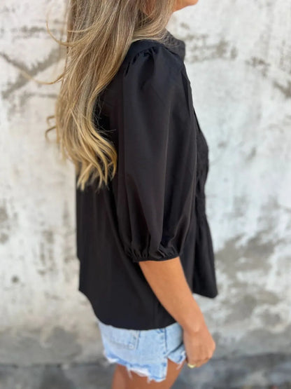 Full Size Smocked Button Front Puff Sleeve Shirt Plus Size