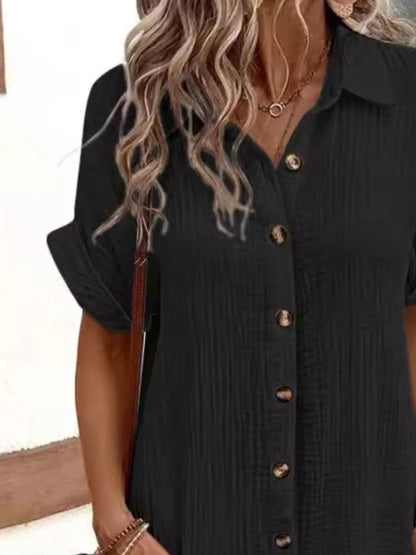 Casual Button Down Cotton Shirt Dress with Pockets