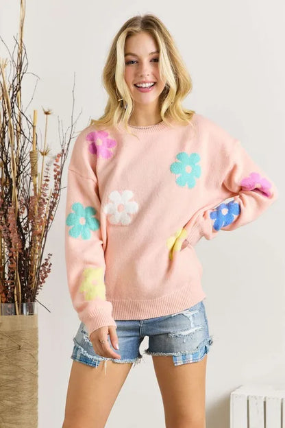 ADORA Full Size Flower Popped Sweater Plus Size