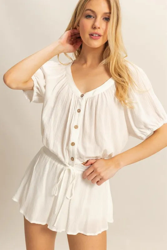 HYFVE Drawstring Hem Short Sleeve Top and Skort Set Off White