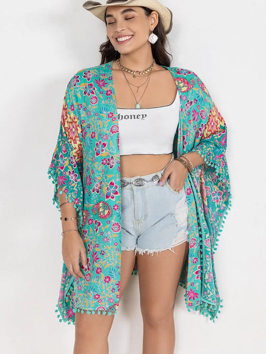 Plus Size Printed Open Front Cover-Up Turquoise