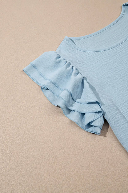 Solid Color Ruffled Short Sleeve Casual Blouse