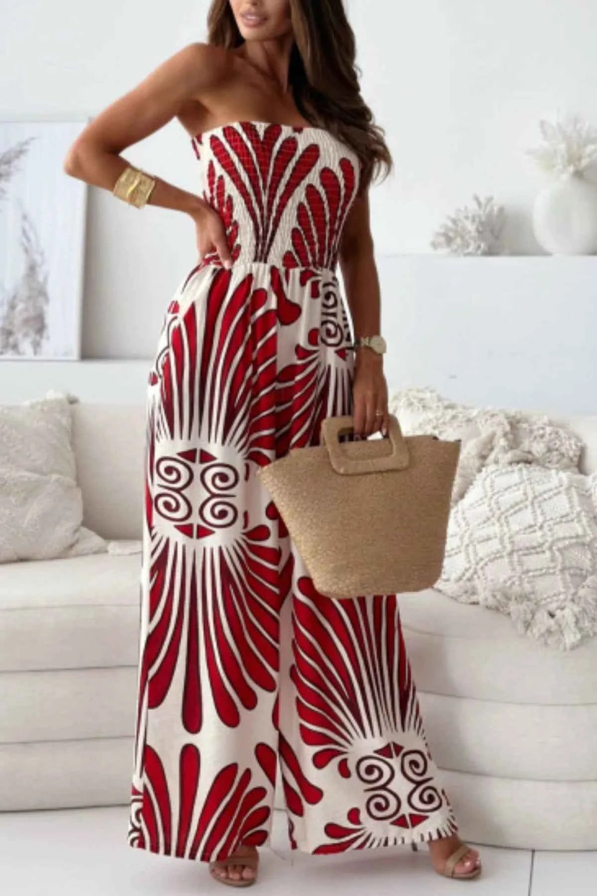 Printed Smocked Tube Wide Leg Jumpsuit Red