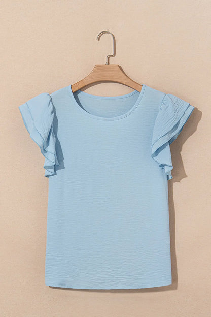Solid Color Ruffled Short Sleeve Casual Blouse