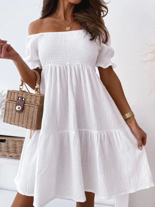 Smocked Off-Shoulder Mini Dress White