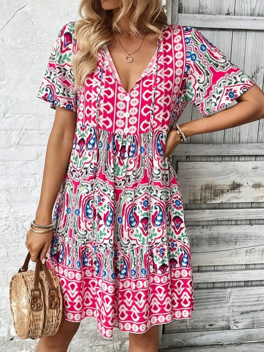 Printed Tie Neck Short Sleeve Dress Pink