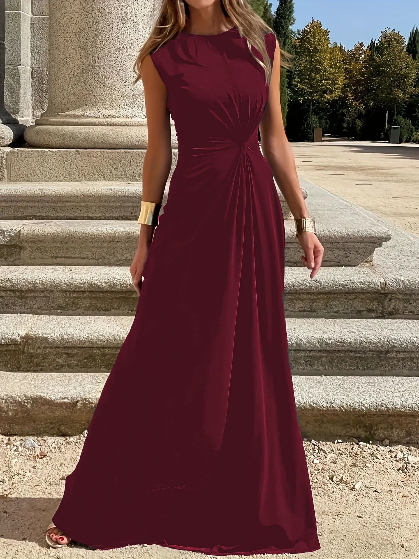 Round Neck Sleeveless Maxi Dress Burgundy